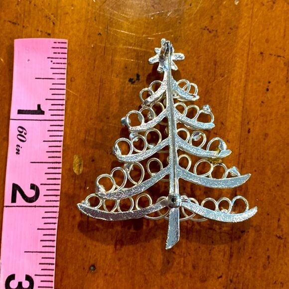 Silver Christmas Tree Brooch Pin with Iridescent Crystals - Picture 7 of 9